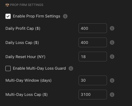 Paradox Algo prop-firm settings panel — daily profit cap, daily loss cap, daily reset hour, and multi-day loss guard